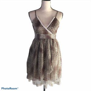 MUMU HOME SLEEVELESS LEOPARD PRINT A LINE LAYERED LACE HEM DRESS SIZE 160 SMALL